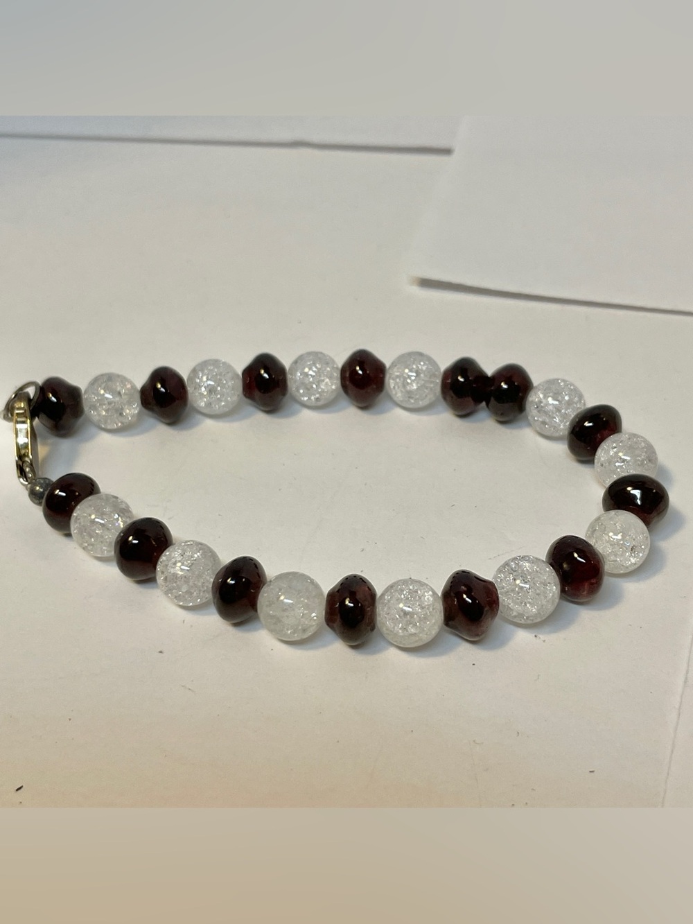 Artisan Made Dark Garnets & Crackle Crystal beads 925 Silver Bracelet 8.5” 23g